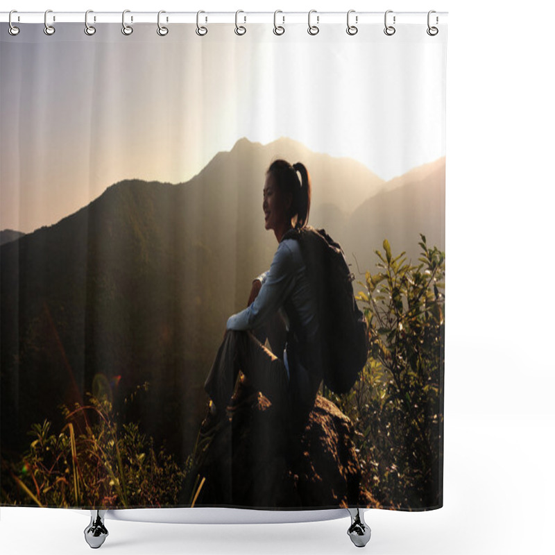 Personality  Woman Hiker Enjoy The View At Mountain Peak Shower Curtains