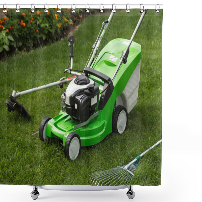 Personality  Green Lawnmower, Weed Trimmer, Rake And Secateurs In The Garden Shower Curtains