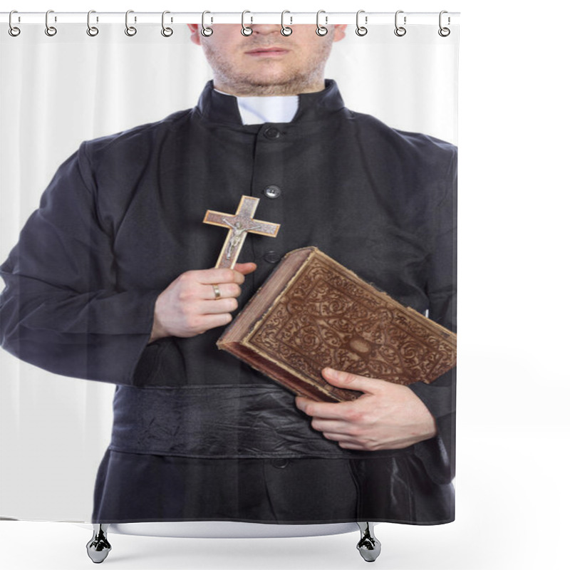 Personality  Priest Holding A Cross And Bibles Shower Curtains