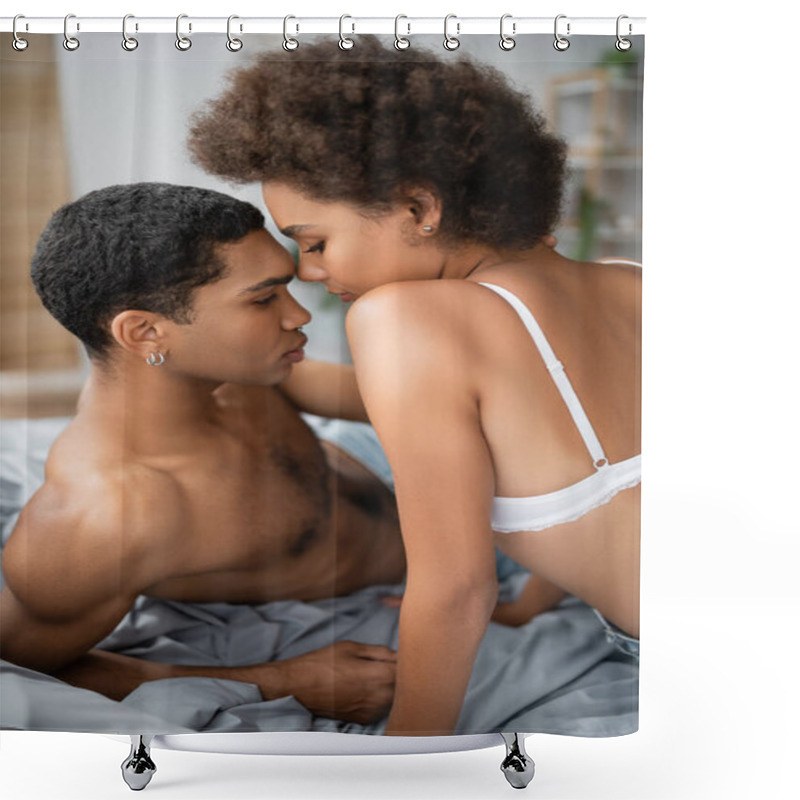 Personality  Curly Brunette African American Woman Near Sexy Shirtless Girlfriend On Bed At Home Shower Curtains