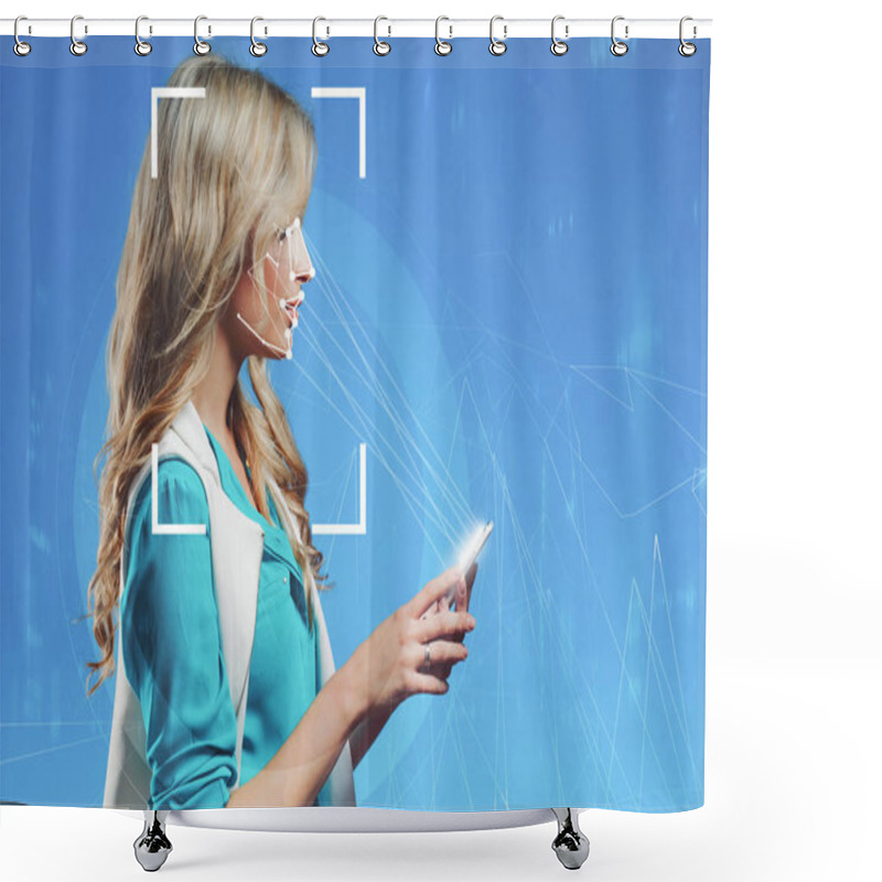 Personality  The Technology Of Facial Recognition. Portrait Of Beautiful Blonde Shower Curtains