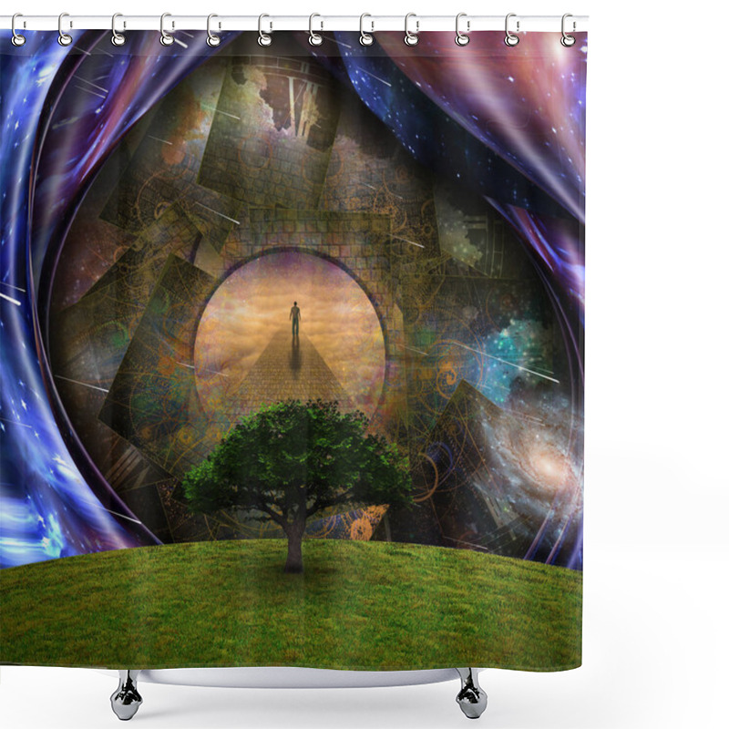 Personality  Surrealism. Green Tree. Man On A Stone Road. 3D Rendering. Shower Curtains