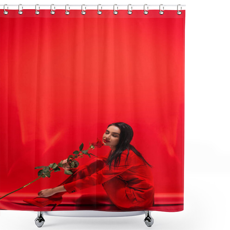 Personality  Elegant Woman In Heels Smelling Rose While Sitting On Red Background  Shower Curtains