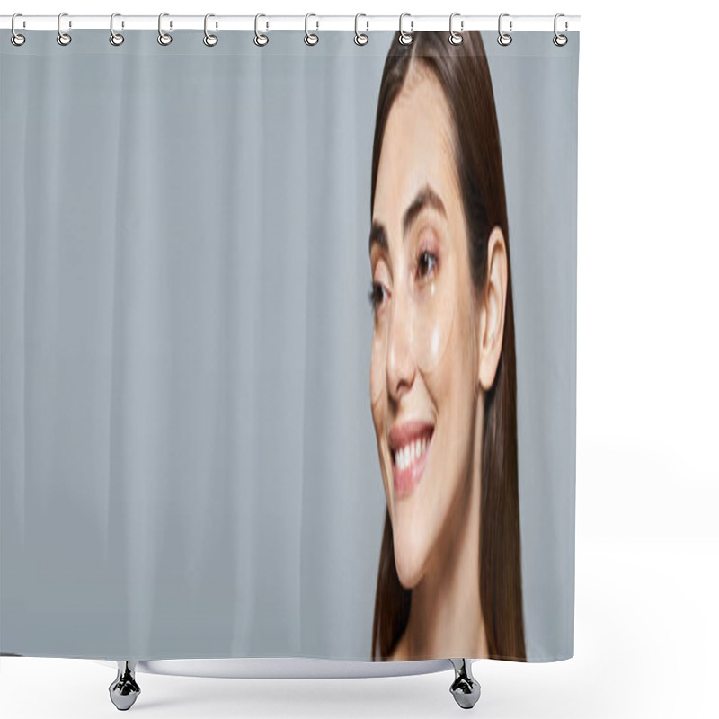 Personality  A Young Caucasian Woman With Long Brown Hair Smiles Brightly At The Camera In A Studio Setting, Under Eye Patches Banner Shower Curtains