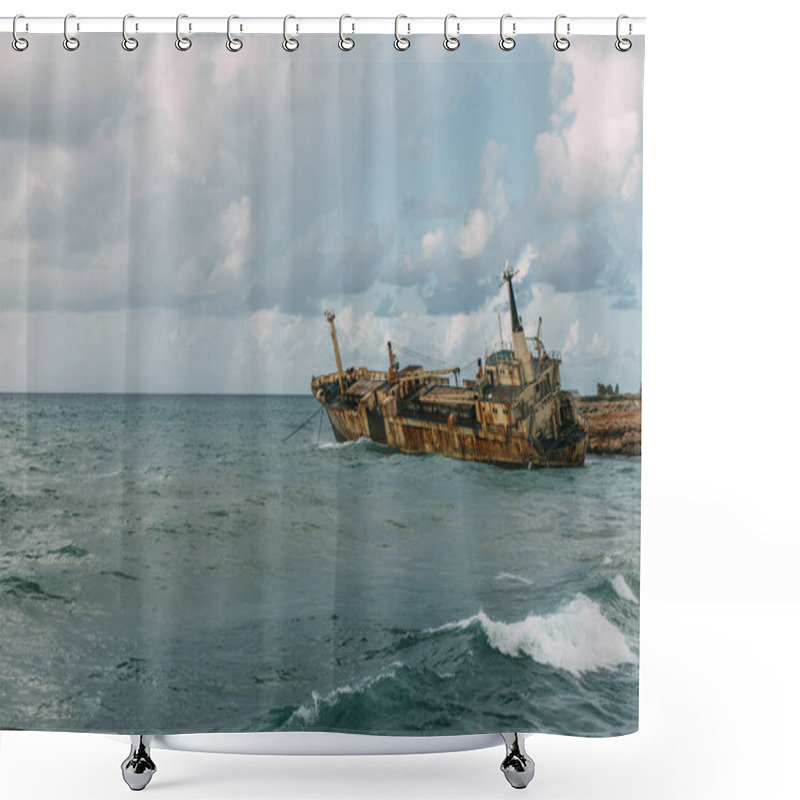 Personality  Rusty Ship In Blue Water Of Mediterranean Sea Shower Curtains