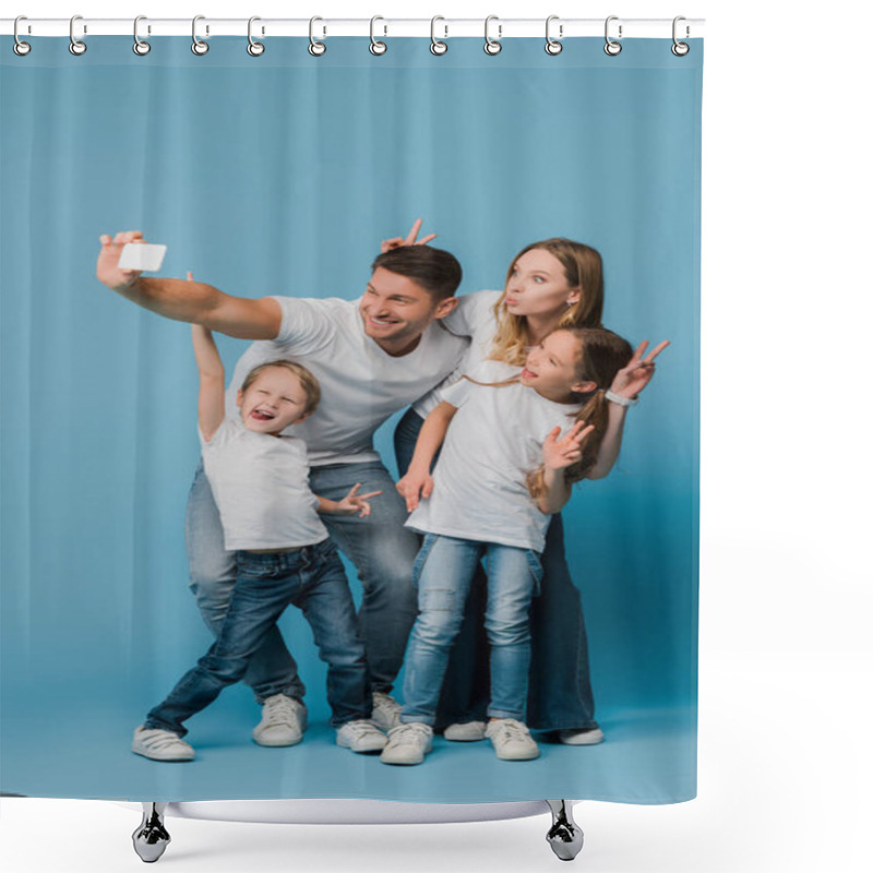 Personality  Cheerful Family Showing Victory Signs While Taking Selfie On Smartphone On Blue Shower Curtains