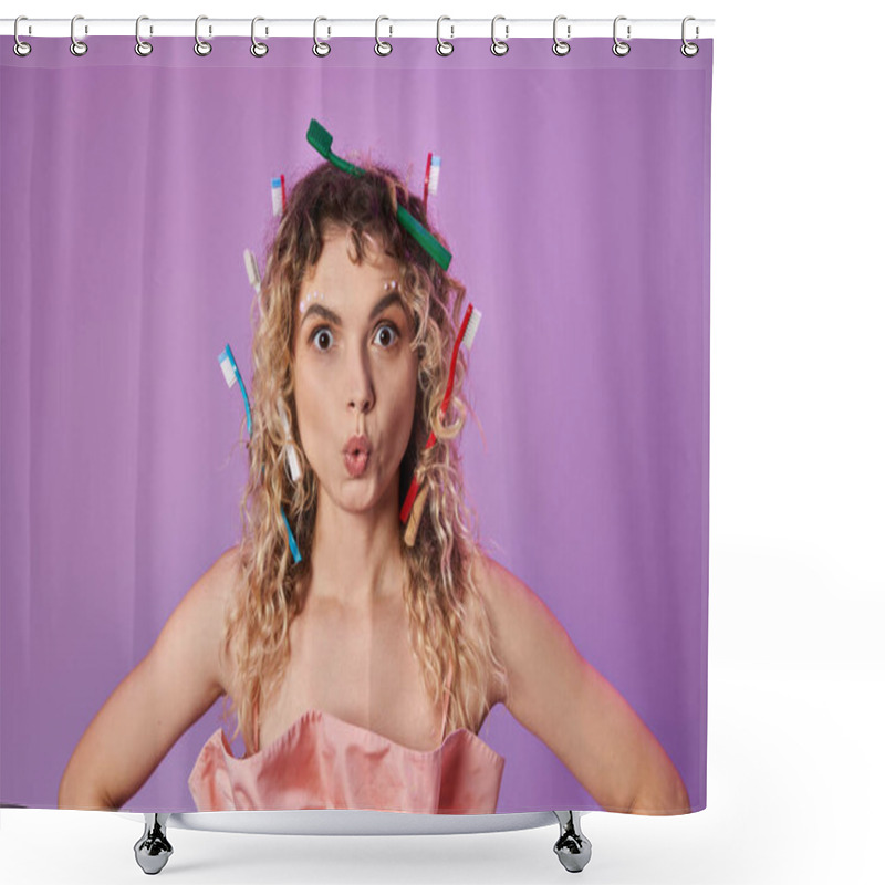 Personality  Astonished Blonde Woman In Pink Vibrant Outfit And Toothbrushes In Her Hair, Tooth Fairy Concept Shower Curtains