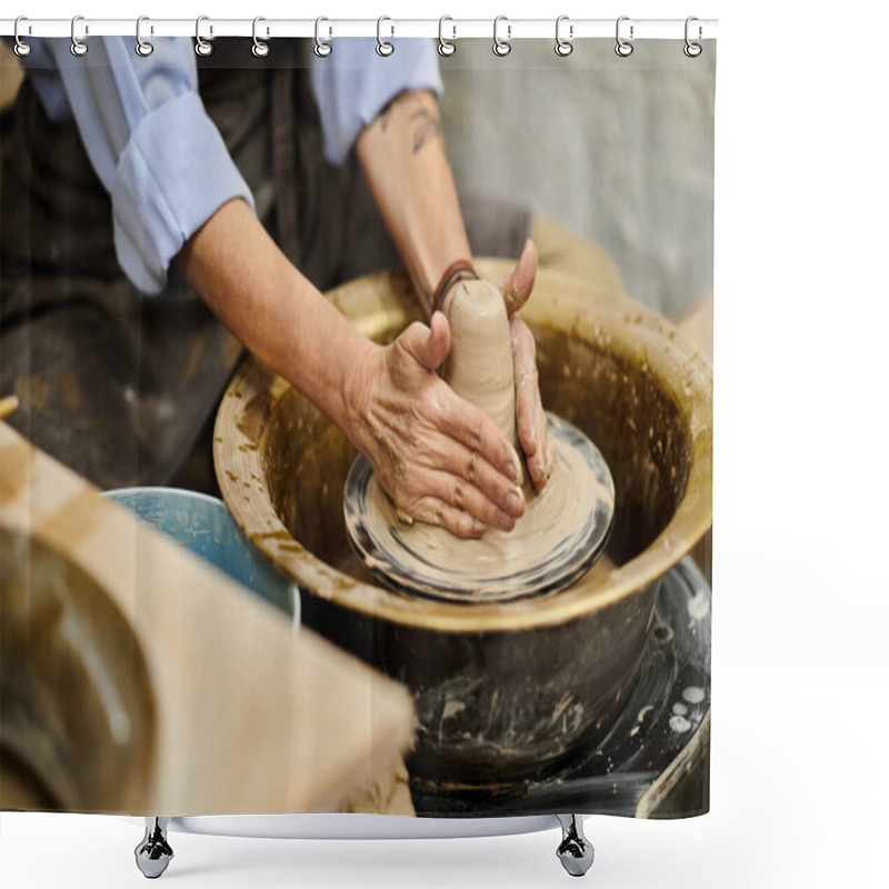 Personality  A Close-up Of A Womans Hands Shaping Clay On A Pottery Wheel. Shower Curtains