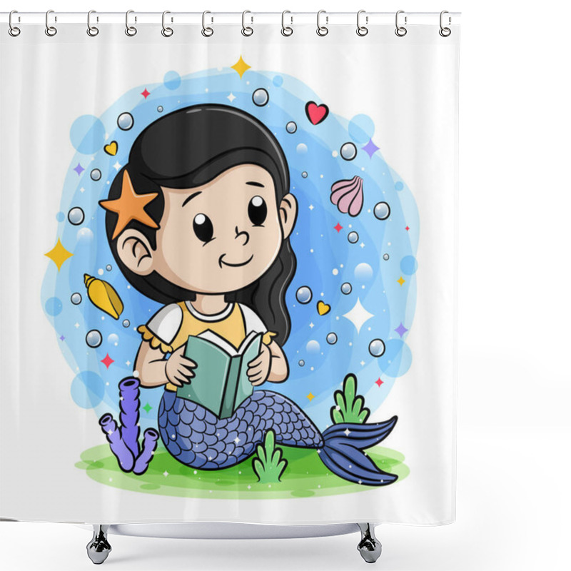 Personality  Little Blue Mermaid Sits And Reads The Book Of Illustration Shower Curtains