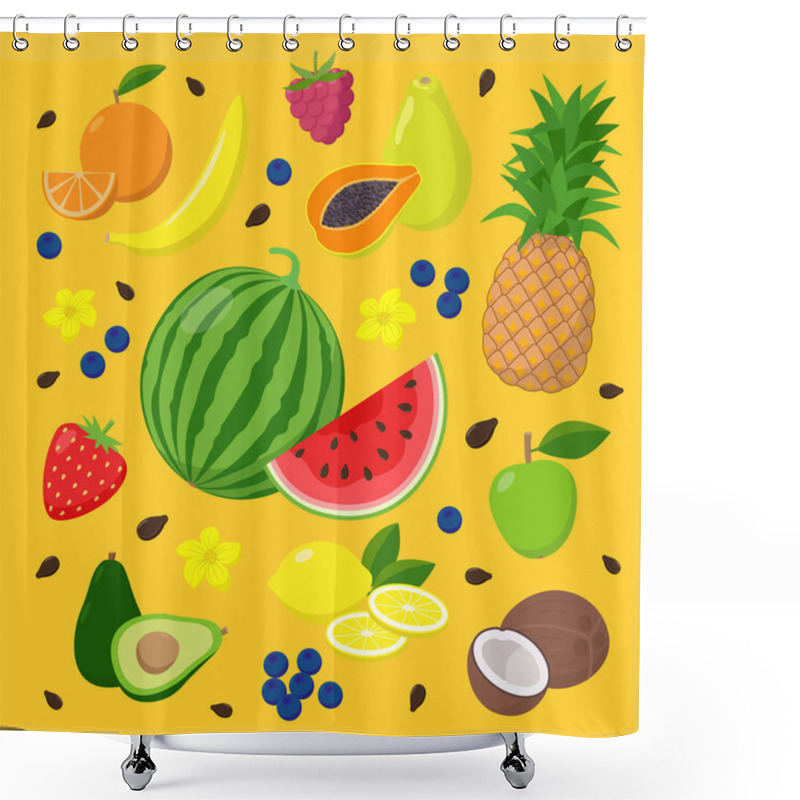 Personality  Summer Fruits And Berries Set Of Vector Illustrations Isolated On Yellow Background In Flat Design. Summertime Concept Illustration With Watermelon, Avocado, Papaya, Coconut, Banana, Pineapple, Lemon. Shower Curtains