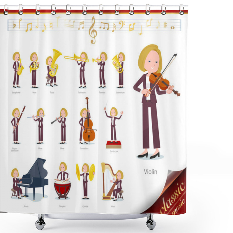 Personality  A Set Of Women On Classical Music Performances.There Are Actions To Play Various Instruments Such As String Instruments And Wind Instruments.It's Vector Art So It's Easy To Edit. Shower Curtains