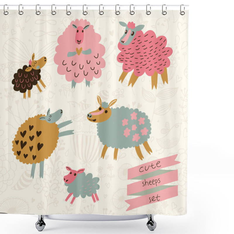 Personality  6 Funny Sheep In Cartoon Style In Vector. Shower Curtains