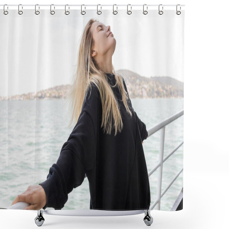 Personality  Pleased Young Woman In Black Sweater On Ferry Boat Crossing Bosporus In Istanbul  Shower Curtains