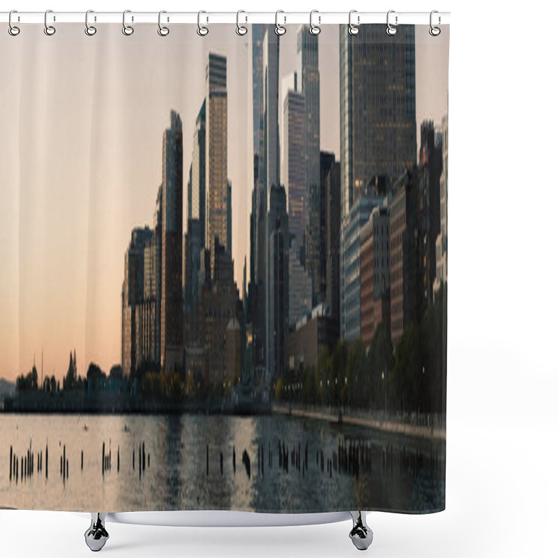 Personality  World Trade Center District And Hudson River During Sunset In New York City, Banner  Shower Curtains