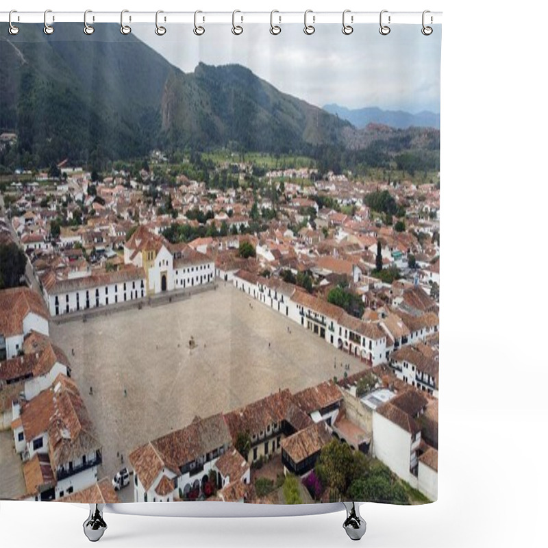 Personality  Drone Aerial View Of Villa De Leyva ,  Boyac, Colombia. The Colonial City With Stone-paved Streets And The Plaza Mayor The Second Largest Square In South America Shower Curtains