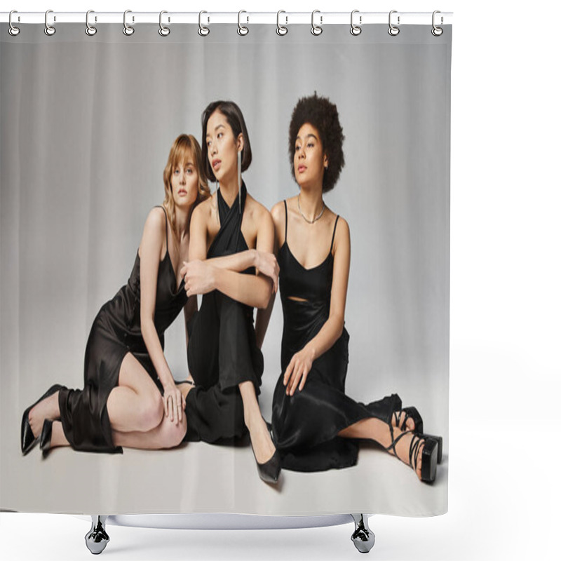 Personality  Three Women Of Different Ethnicities Sitting Elegantly Side By Side, Showcasing Beauty And Unity. Shower Curtains