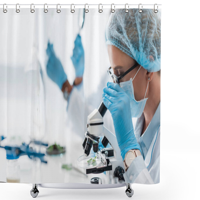 Personality  Selective Focus Of Biologist Using Microscope And African American Colleague Holding Magnifier Shower Curtains