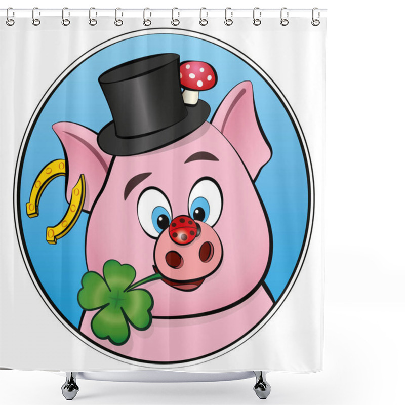 Personality  New Years Eve Lucky Symbols. Lucky Pig With Clover, Ladybug, Horseshoe, Toadstool And Cylinder In Round Frame. Isolated Vector Illustration On White Background. Shower Curtains