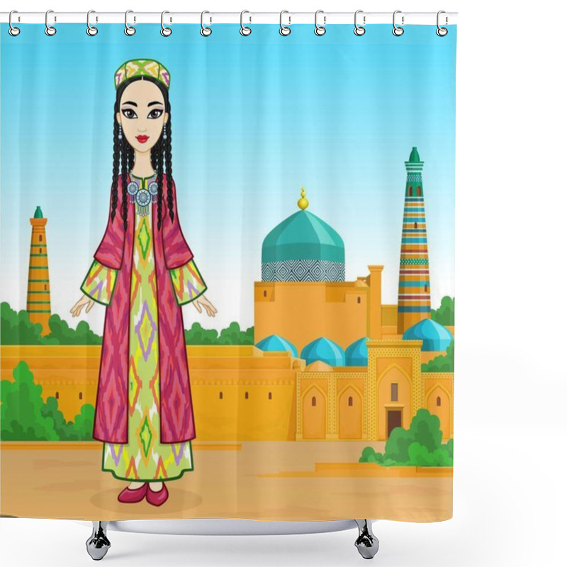 Personality  Animation Portrait Of A Beautiful Girl In Ancient National Clothes And Jewelry. Full Growth. Central Asia. Background - Summer Landscape, Ancient Palace.  Vector Illustration.   Shower Curtains