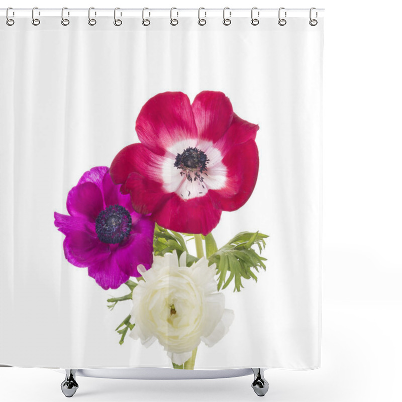 Personality  Red And Lilac Anemones And Buttercups, Isolated Shower Curtains