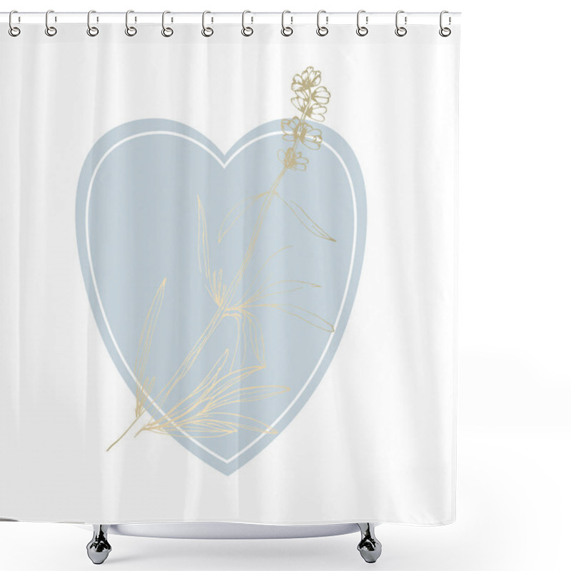 Personality  Hand Drawn Lavender Flowers With Elegant Gold Frame. Pastel Soft Blue Brush Background. Vector Decoration Element Shower Curtains