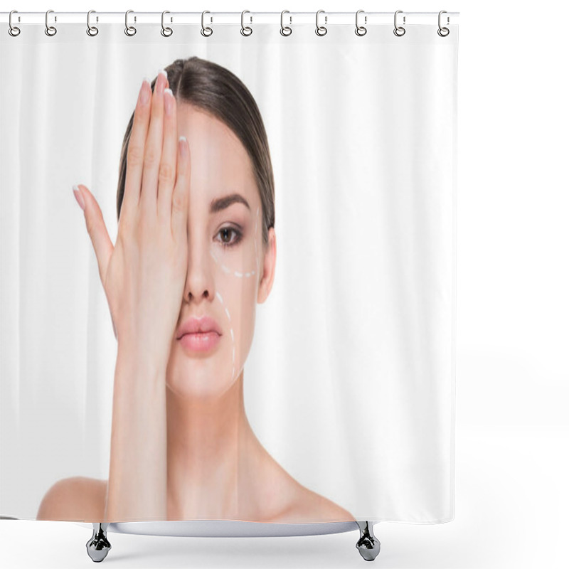 Personality  Beautiful Young Woman With Dotted Line Drawn On Face For Plastic Surgery Covering Half Of Face With Hand Isolated On White Shower Curtains