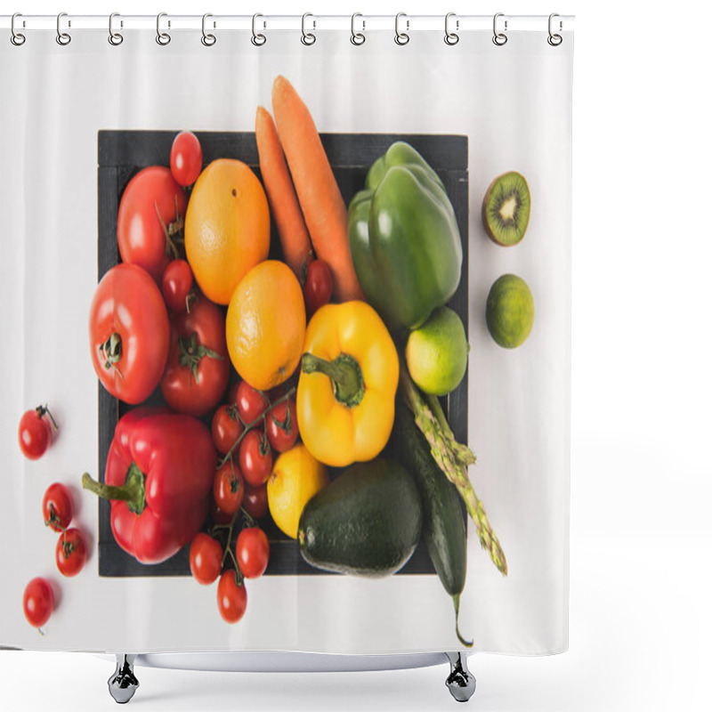 Personality  Farmers Market Concept With Vegetables And Fruits In Dark Wooden Box Isolated On White Background Shower Curtains