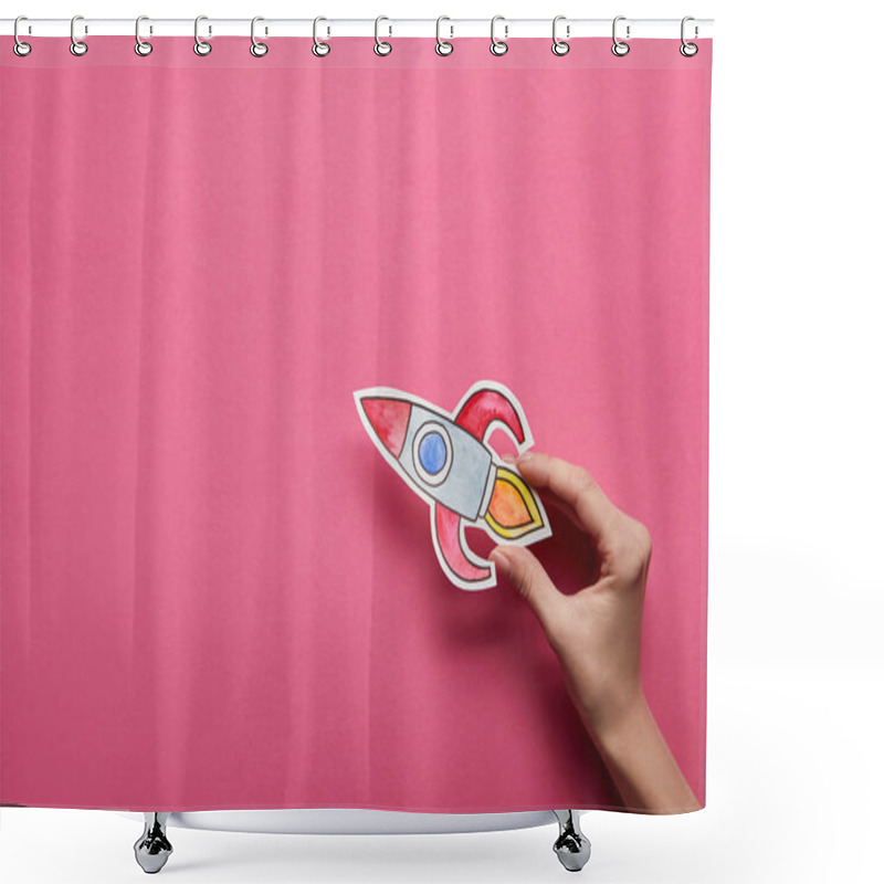 Personality  Top View Of Hand Holding Rocket On Pink Background Shower Curtains