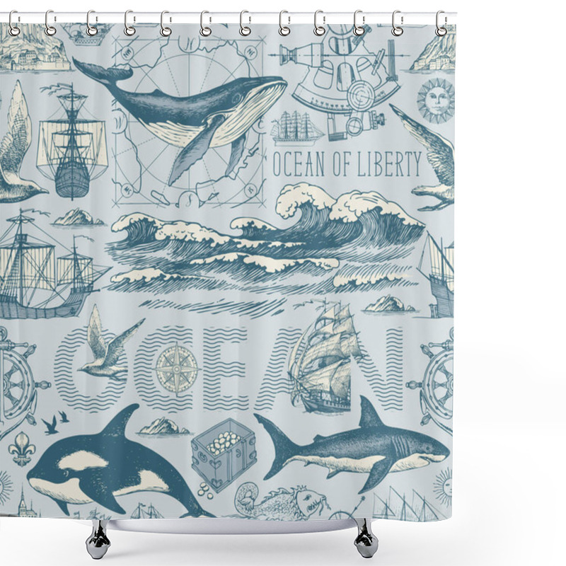 Personality  Vector Abstract Seamless Pattern On The Theme Of Sea Travel, Adventure, Discovery. Repeating Background With Hand-drawn Ocean Waves, Sailboats And Various Sea Inhabitants In Retro Style Shower Curtains