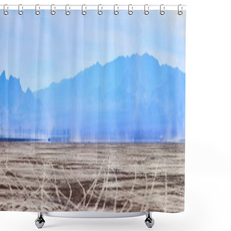 Personality  Vast Desert Serenity Unfolds In Boulder City Dry Lake Bed, Nevada. Track Marks Hint At Rare Adventures Amid Endless Sands, With Distant Mountain Silhouettes Under A Tranquil Blue Sky. Shower Curtains