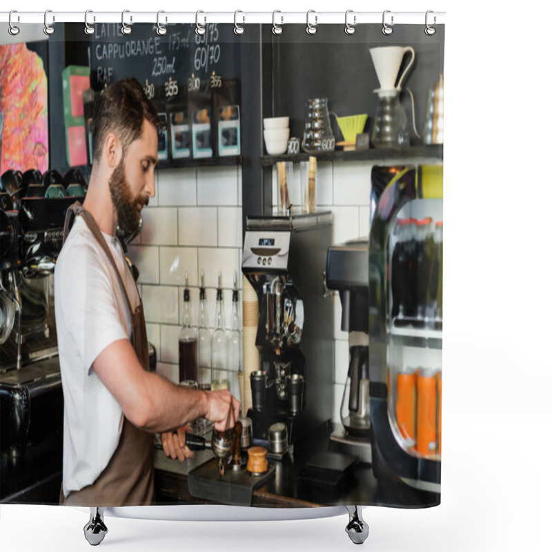 Personality  Side View Of Bearded Barista In Apron Pressing Coffee In Holder While Working In Coffee Shop Shower Curtains