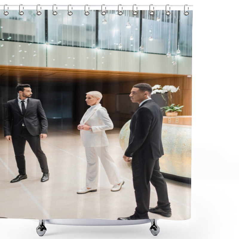 Personality  Full Length View Of Mature And Trendy Business Lady Walking Near Private Interracial Bodyguards In Hotel Lobby Shower Curtains