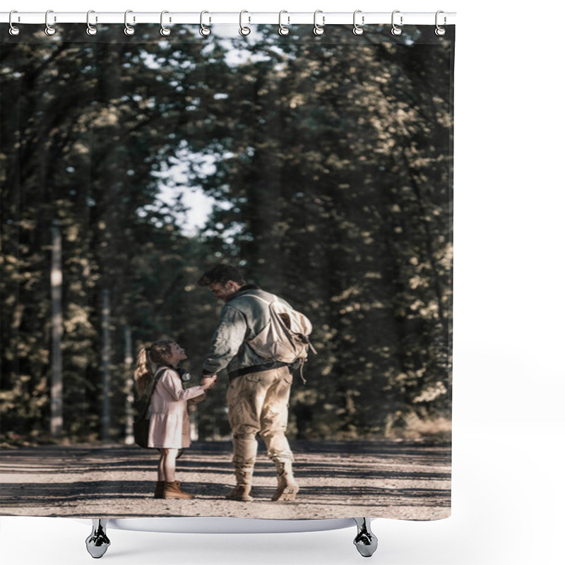 Personality  Man Holding Hands With Kid While Standing On Road, Post Apocalyptic Concept Shower Curtains