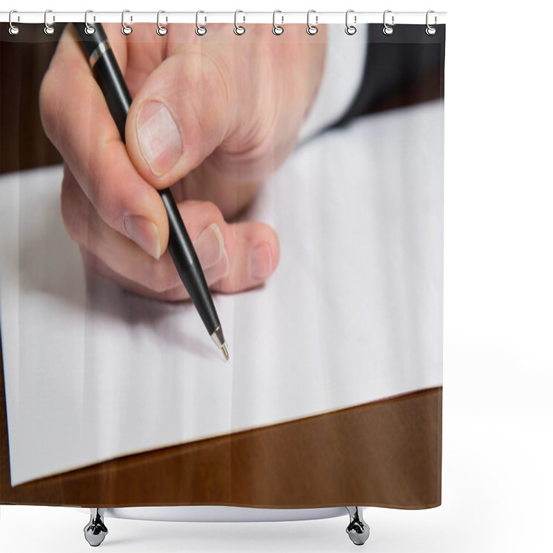 Personality  Hand Of A Businessman Holding A Pen Over A Paper Shower Curtains