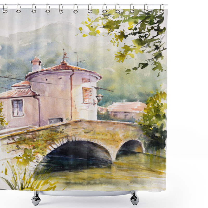 Personality  Tabor Bridge Across The River Vipava In Vipava, Gorika, Slovenia. Picture Created With Watercolors. Shower Curtains