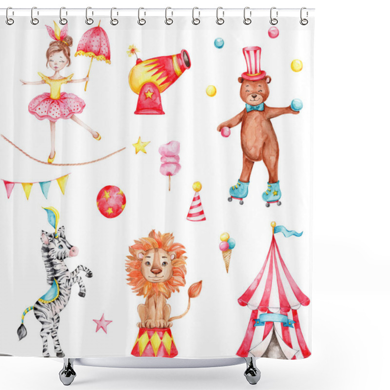 Personality  Circus Set With Roller Skate Bear, Cartoon Lion, Zebra With Feather, Striped Tent, Rope Girl,flags, Stars, Ice Cream And Candy Cotton; Watercolor Hand Draw Illustration; With White Isolated Background Shower Curtains