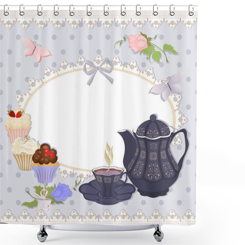 Personality  Background With Teapot, Cup And Cakes. Shower Curtains