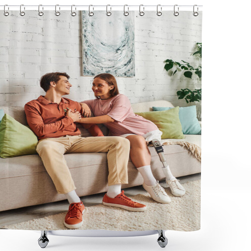 Personality  A Couple, A Woman With A Prosthetic Leg And Her Boyfriend, Share A Laugh While Sitting On A Couch. Shower Curtains