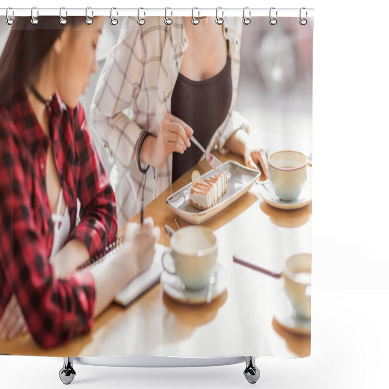 Personality  Girls Eating Cake And Drinking Coffee Shower Curtains