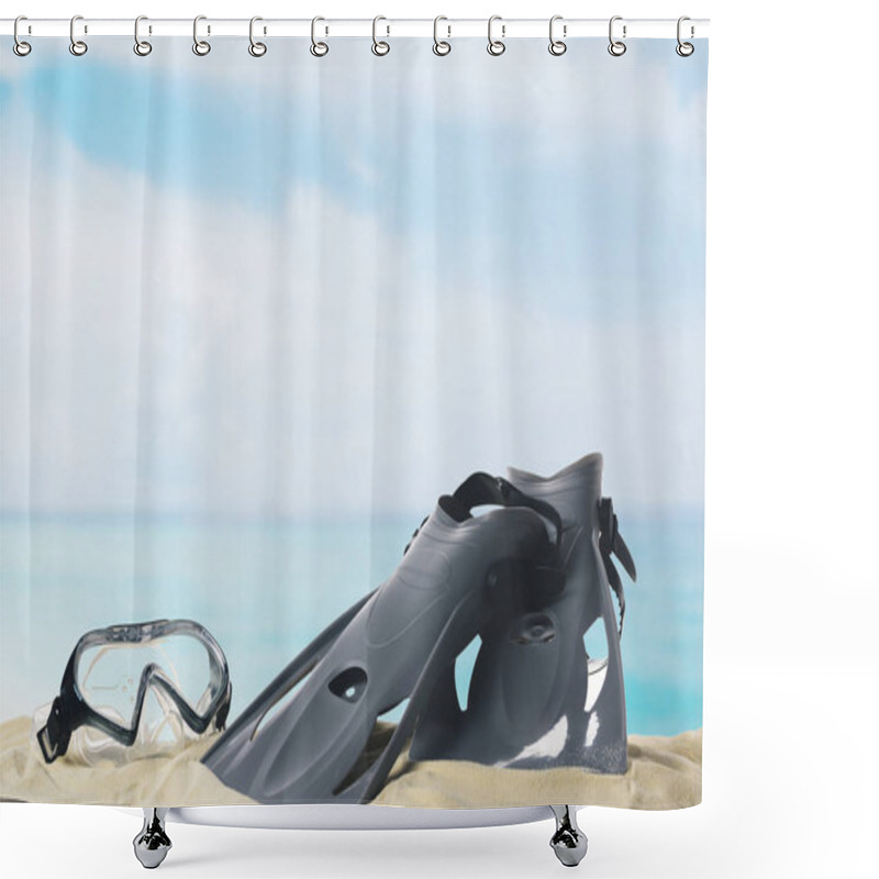 Personality  Mask And Flippers In Sand On Blue Sky Background Shower Curtains