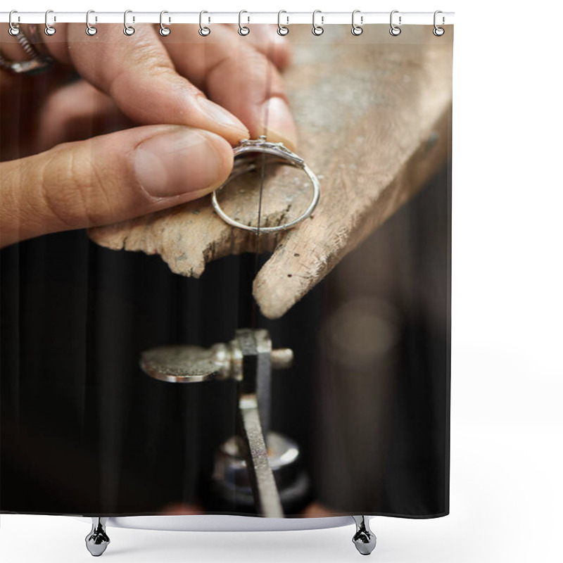 Personality  Craftsmanship Shines As Hands Work Meticulously On A Sparkling Ring Set In A Workshop. Shower Curtains