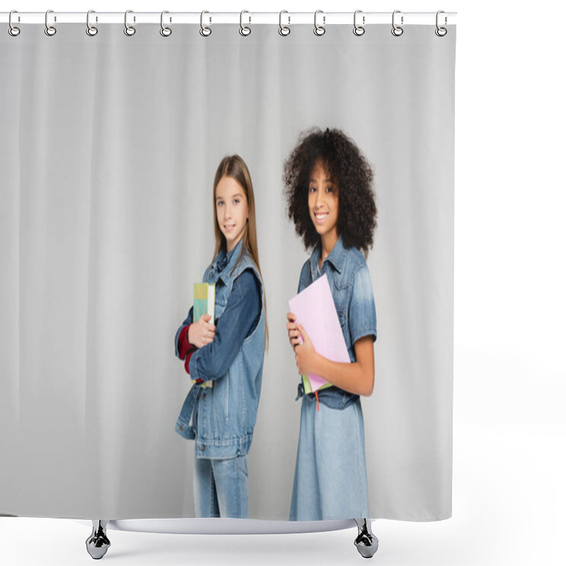 Personality  Two Happy Multicultural Schoolkids In Denim Clothes Standing With Books Isolated On Grey Shower Curtains