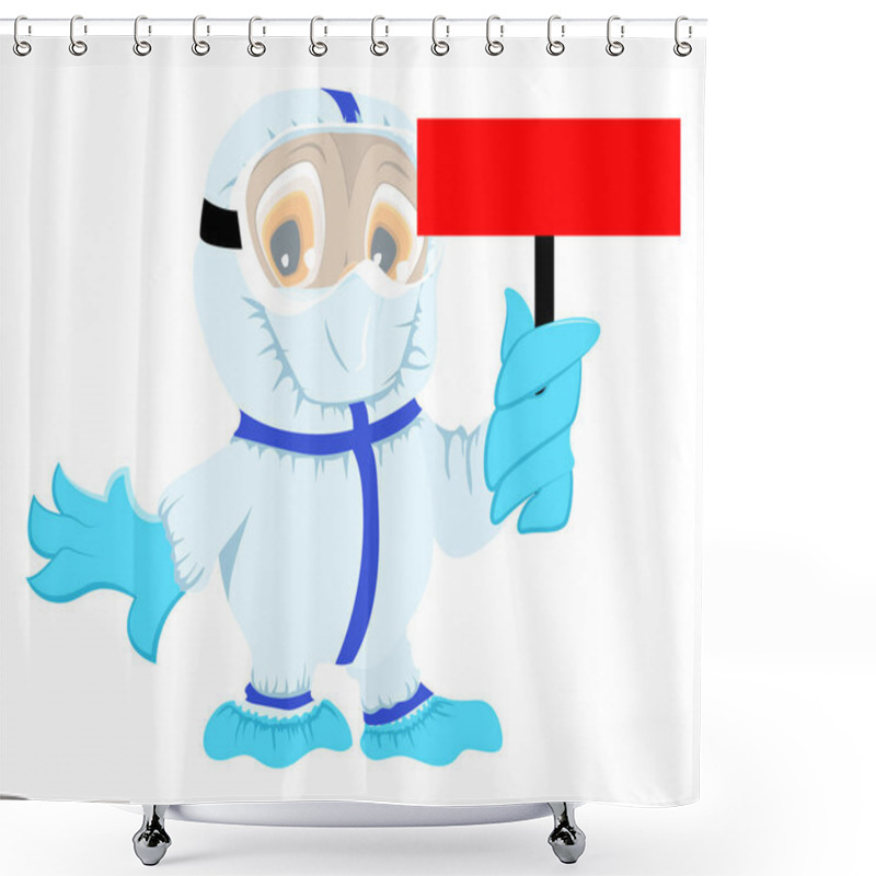 Personality  Owl Doctor In Protective Medical Suit Holds Red Board Coronavirus. Danger Quarantine Corona Virus Covid-19 Shower Curtains