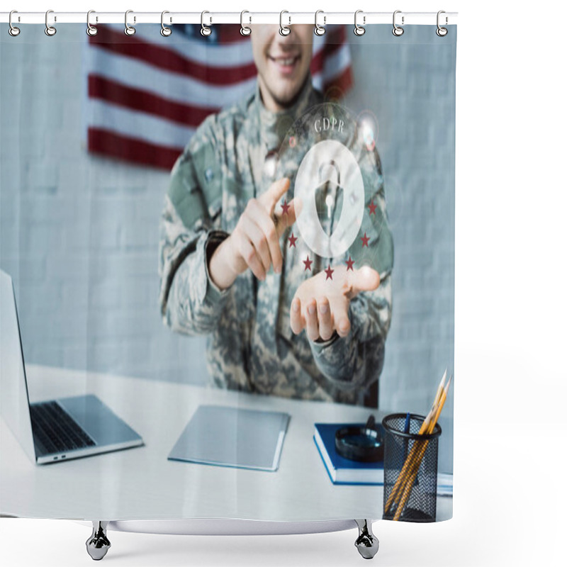 Personality  Cropped View Of Happy Man In Military Uniform Pointing With Finger At Cloud With Padlock Shower Curtains