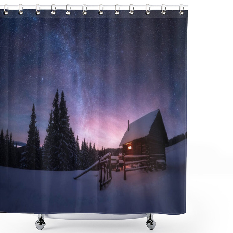 Personality  Fantastic Winter Landscape With Wooden House In Snowy Mountains Shower Curtains