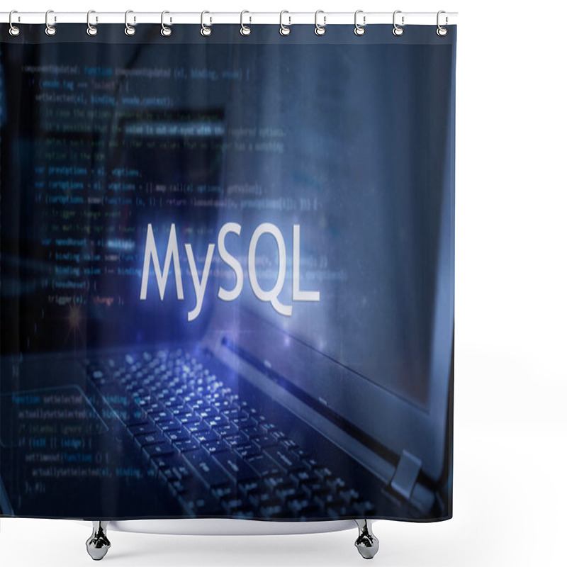 Personality  MySQL Inscription Against Laptop And Code Background. Learn Sql Programming Language, Computer Courses, Training.  Shower Curtains