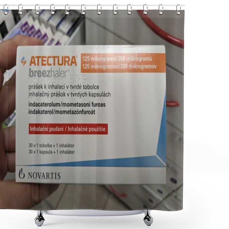 Personality  Prague,Czech Republic-August 7 2024: ATECTURA Box Of Medication With INDACATEROL And MOMETASONE Active Substances By NOVARTIS,used For Treatment Of Asthma,COPD Shower Curtains