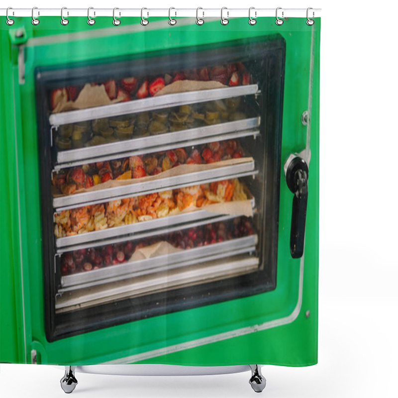 Personality  A Green Freeze Dryer Machine With A Clear Door, Showing Multiple Trays Filled With Various Types Of Dried Fruits Inside. Shower Curtains