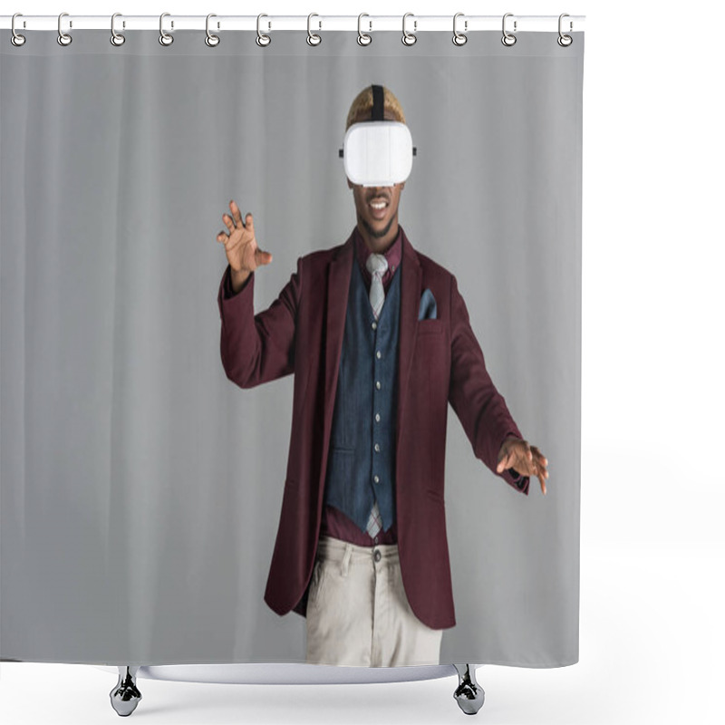 Personality  African American Man Using Vr Glasses With Arm Outstretched On Grey Background     Shower Curtains