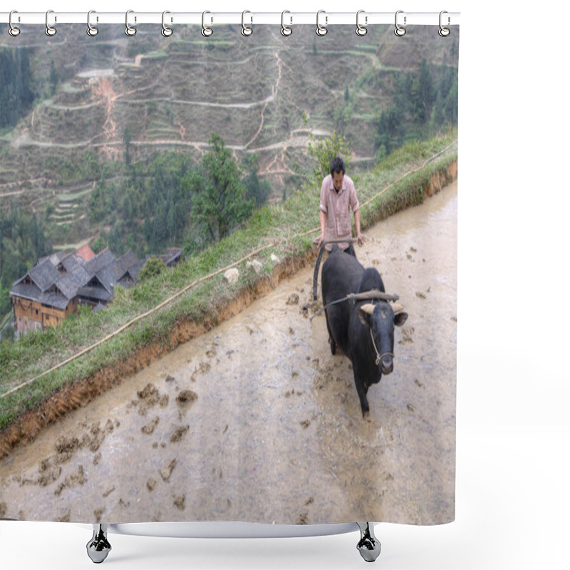 Personality  Farmer Plowing Rice Paddy With Buffalo, Guizhou, China. Shower Curtains